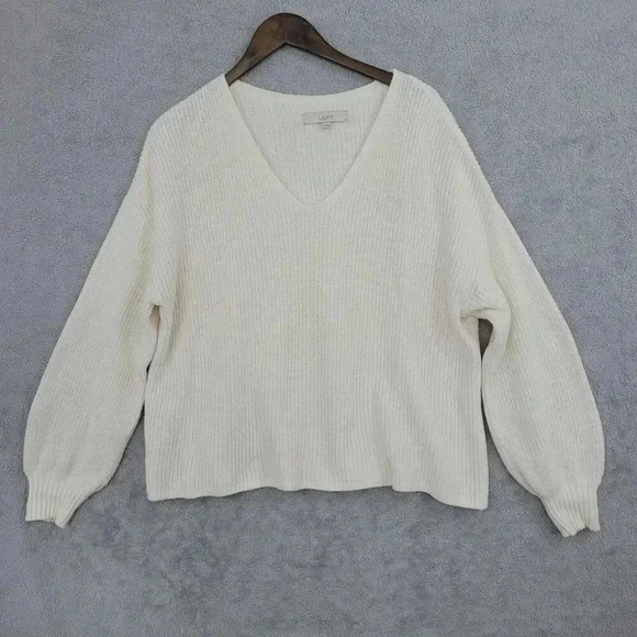 Loft Women's V-Neck Knit Sweater Medium Balloon sleeve Ivory 19CT - Picture 1 of 8